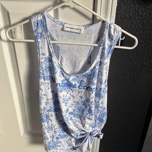 ® White & Light Blue Floral Knot-Front Tank Top